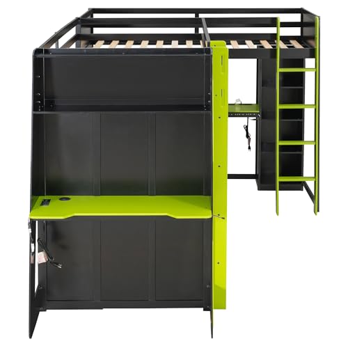 Twin Size Gaming Loft Bed with Lights & USB Ports & Dual Desk for 2 Teens Adults,Wood L-Shaped Loft Bed Frame with Double twin Beds, TV Stand,Storage Shelves and Ladders for Gamers Teens Adults,Green FUvellamo