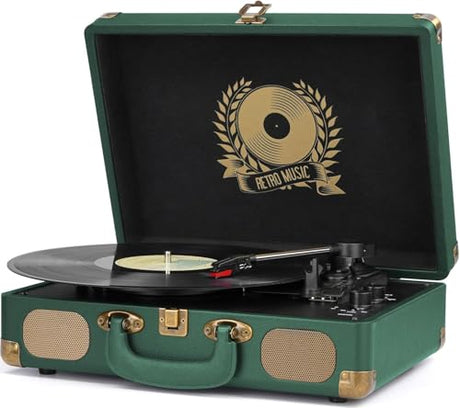 Vinyl Record Player Bluetooth Turntable 3-Speed Suitcase Portable Vintage Belt-Driven Record Player with Built-in Speakers RCA Line Out AUX in Headphone Jack Dark Hunter Green Mersoco