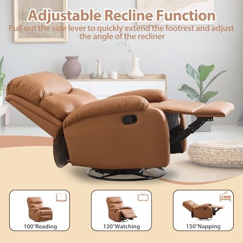 Chizzyseat Genuine Leather Rocker Recliner Modern Manual Swivel Glider Recliner with Adjustable Backrest & Footrest Wall Hugger Swivel Rocking Recliner Chair for Modern Living Room and RV Warm Brown
