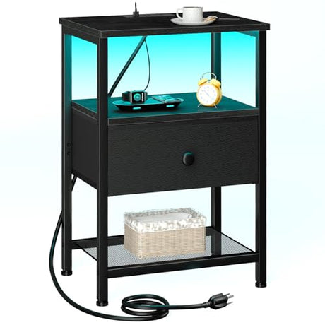 LOAKEKEL Nightstand with Charging Station, End Table with Fabric Drawer, LED Night Stand for Bedroom, Small Bed Side Table with USB Ports and Outlets for Living Room, Black, HETS01BK-1 LOAKEKEL