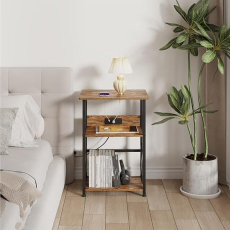 DALEMHOME Record Player Stand with Charging Station, 3-Tier Side Table for 100 Vinyl Storage, End Table for Living Room, Bedroom, Rustic Brown HKET1002BR DALEMHOME