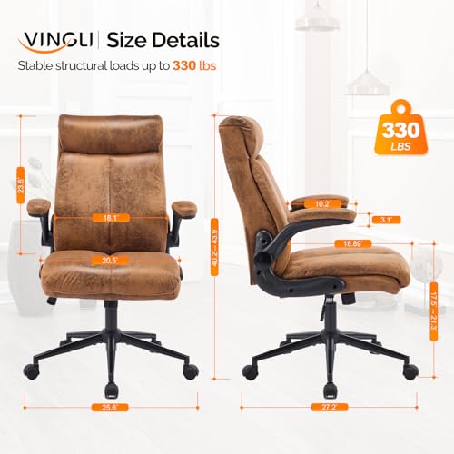 VINGLI Microfiber Brown Rolling Ergonomic Office Desk Chair with Padded Flip-up Arms, 360°Swivel High Back Executive Computer Chair with Wheels for Game，Home Small Space, Study Room, Reading Room VINGLI