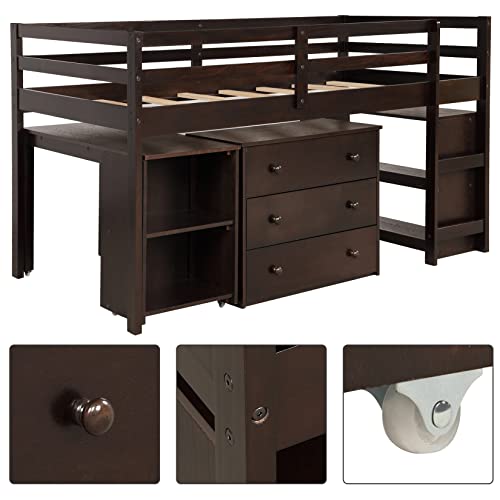 Bellemave Espresso Low Loft Bed Frame with Storage & Rolling Desk for Kids and Teens Bellemave