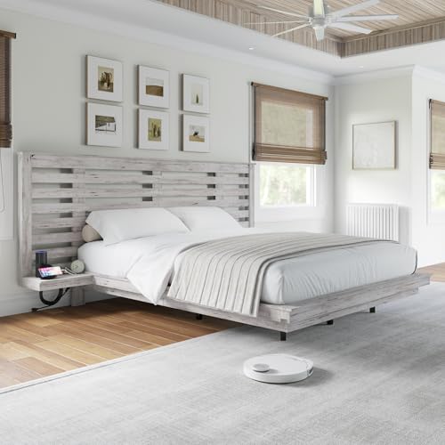 YUMPIE Farmhouse Queen Floating Bed Frame with Nightstands, Platform Bed with LED Light & Type-C & USB Charging Station, No Box Spring Needed/Noise Free, Distressed White