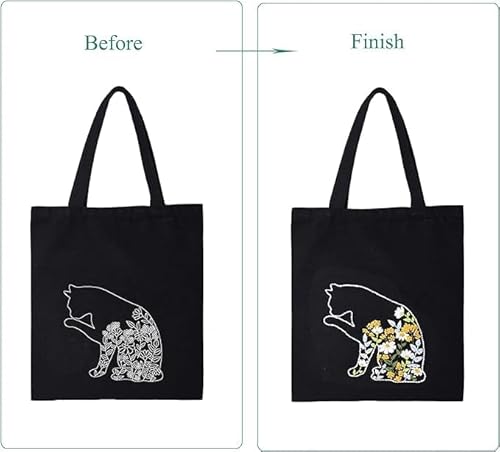 Smart-Feather Cat Embroidery Kit for Beginners Adults, Hand Embroidery Tote Bag Kit with Hoop and Patterns