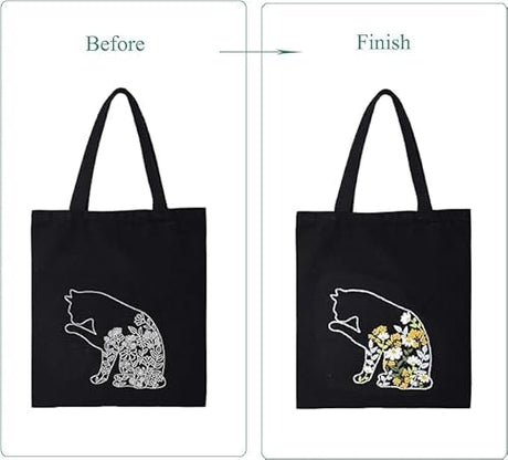 Smart-Feather Cat Embroidery Kit for Beginners Adults, Hand Embroidery Tote Bag Kit with Hoop and Patterns Smart-Feather