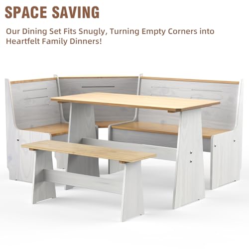 Gracava Breakfast Nook Table Set for Kitchen - White Bench Seating for Dining Room with Space Saving Solid Wood L Shaped Corner Dining Table Set Apartment for 4 to 6 People Gracava