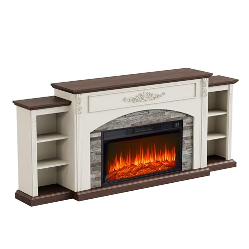 80" Electric Fireplace with Mantel, Fireplace TV Stand for TVs Up to 90 Inch, Realistic Stacked Stone Surround with Remote Control Timer LED Flame for Living Room(Antique White) BLANKSPACE