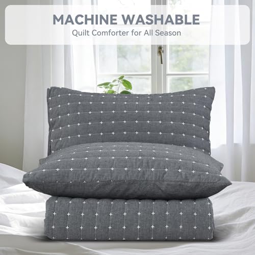 ENJOHOS 100% Cotton King Quilt, King Size Dark Grey Bedspread, Reversible Lightweight Super Coverlet Comforter Bedding with Shams for All Season ENJOHOS