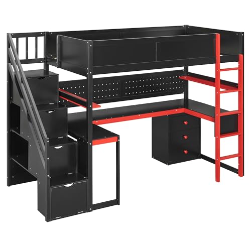 RUNNA Full Size Wooden Gaming Loft Bed with Storage Stairs, Desk, Shelves & Pegboard, Space-Saving Esports Style for Teens & Adults (Black+Red-3) RUNNA