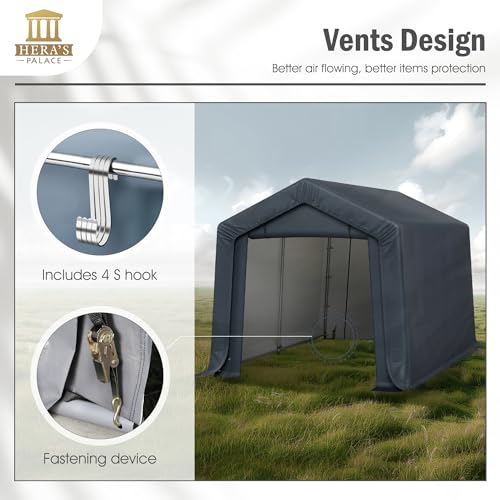 HERA'S PALACE 8x12ft Heavy Duty Carport Motorcycle Storage Shed Small Outdoor Anti-Snow Portable Canopy Shelter with 2 Doors Garage Tent for Garden Tools Bike HERA'S PALACE