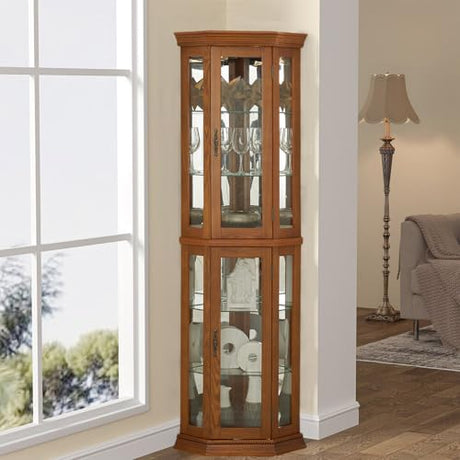 RAINLUX Lighted Wooden Corner Display Curio Cabinet, Two Section Shelving Unit with Tempered Glass Door, Bar and Liquor Storage Area with 6 Shelves - Lorona, Oak RAINLUX