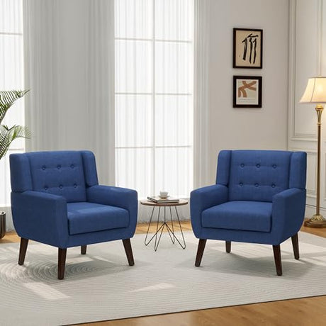 Accent Chair, Mid-Century Modern Fabric Chairs with Arms for Living Room, Comfy Upholstered Club Single Sofa Armchair for Bedroom Waiting Room with Solid Wood Frame (Fabric Navy Blue, Set of 1) DREAMSIDEA