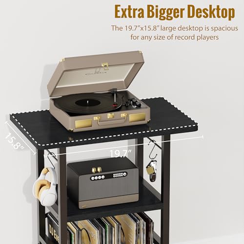 YAKANJ Record Player Stand with Extended Desktop,Large Record Player Table with Vinyl Storage,Turntable Stand with Record Holder Vinyls Display Shelf for Music Room Studio,Modern Black YAKANJ