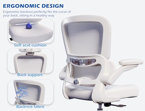 TRALT Ergonomic Office Chair - Desk Chair with Adjustable Lumbar Support Computer Chair - Mesh Comfy Chair with Flip-up Armrests - Gaming Chairs for Adults Home Office (Leather, White) TRALT