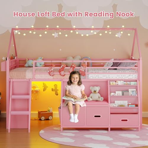 ADORNEVE Low Loft Bed Twin Size with Bookshelf, Reading Nook, LED Kids Loft Bed with 3 Drawers, Under-Bed Play Space, House Loft Beds with Safety Guardrail, Inclined Ladde & Play Curtain, Pink ADORNEVE