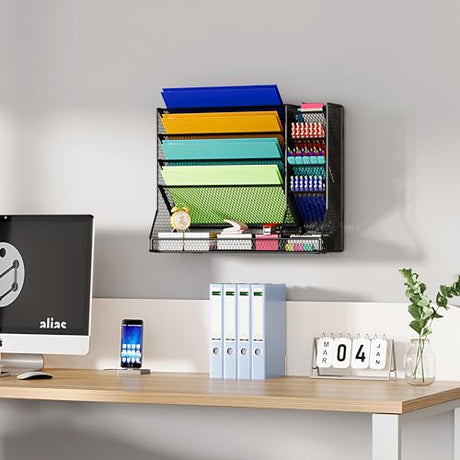 Jakyitvi File Organizer Wall Mounted, 4 Tiers Durable Adjustable Metal Desk Organizer, Desktop Hanging File Holder with 4 Pen Slots Stable, 4 Pull-Out Divider for File, Mail, Black, Patent Pending Jakyitvi