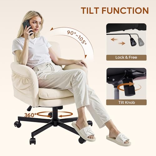 Bestier Criss Cross Office Chair with Flip-Up Arms, Vanity Comfy Chair with Thick Cushion & Wheels, Cross Legged Office Chair for Home Office, Bedroom, Beige Velvet Bestier