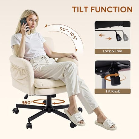 Bestier Criss Cross Office Chair with Flip-Up Arms, Vanity Comfy Chair with Thick Cushion & Wheels, Cross Legged Office Chair for Home Office, Bedroom, Beige Velvet Bestier