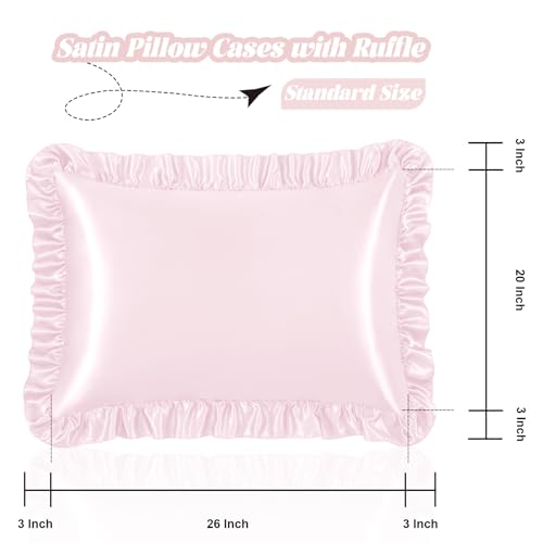 Homiest Ruffle Satin Pillowcase for Hair and Skin, Standard Size Satin Pillow Covers Silky Pillow Cases Set of 2, Satin Ruffled Pillowcase with Envelope Closure, Anti Wrinkle Pillow Shams (Blush Pink) Homiest