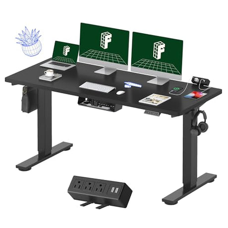 FLEXISPOT EN2 Whole-Piece Standing Desk with Clamp Power Strip, 60 x 24 Electric Stand Up Height Adjustable Desk with Cable Management (Black Frame + 60" Black Top, 2 Packages) FLEXISPOT
