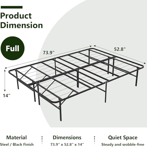 MAKE CHANGES Foldable Full Size Bed Frame，Metal Platform with 14" Underbed Storage, Heavy Duty，Noise Free,Easy Foldable Assembly, No Box Spring Needed,Black MAKE CHANGES