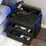 Night Stand with Charger Station and LED Lights,3 Drawers Nightstands with Sliding Top,Modern Bedside Table with Storage,Wooden End Table for Multiple Scenarios (Black) VERYKE