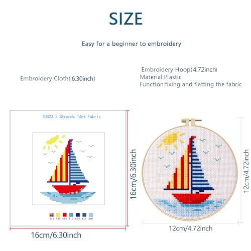Zhenqing Sailboat Cross Stitch Kit for Beginners with Hoop, 14CT Striped Boat Design, 16x16cm Nautical Embroidery Set (70823)