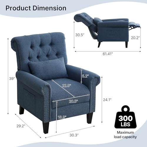 choairy Pushback Recliner Chair, Accent Push Back Chair with Adjustable Footrest, Upholstered Linen Fabric Reclining Sofa with Side Pocket, Comfy Modern Armchair for Living Room, Navy Blue