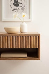 Kate and Laurel Reid Ribbed Wooden Tiered Floating Side Table, 18 x 10 x 9, Natural Wood, Modern Rectangular Mango Wood Floating Nightstand with Drawer for Bedroom Storage or Living Room End Table Kate and Laurel