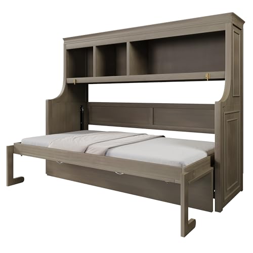 Fiorune Twin Size Horizontal Murphy Bed with Desk and Storage Shelves, Space-Saving Foldable Cabinet Bed, Solid Wood Hidden Wall Bed Frame for Small Spaces, Living Room, Gray Fiorune