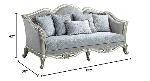 Acme Qunsia Sofa with 5 Pillows in Light Gray Fabric and Champagne Acme