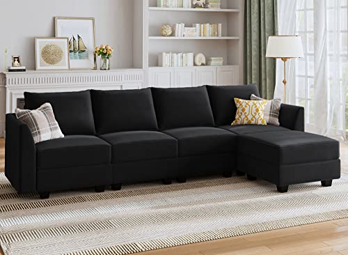 HONBAY Modular Sectional Sofa Velvet L Shaped Couch with Storage Ottoman Convertible Sectional Couch 4-Seat Sofa with Reversible Chaise, Black HONBAY