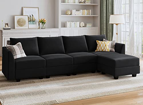 HONBAY Modular Sectional Sofa Velvet L Shaped Couch with Storage Ottoman Convertible Sectional Couch 4-Seat Sofa with Reversible Chaise, Black