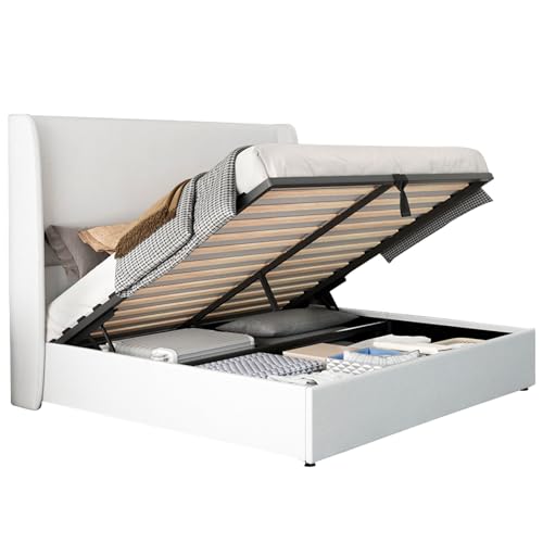Jocisland Queen Size Bed Frame Lift Up Storage Bed Linen Upholstered Bed Frame with Hydraulic Storage/Wingback Headboard/No Box Spring Needed/White Jocisland