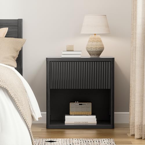 22.8" W Black Fluted Nightstand with 2 Drawers, Mid Century Modern Nightstand with Hidden Drawers, Large Night Stand, Accent End Table, Bedside Table with Open Shelf, Curved Profile Design XIAO WEI