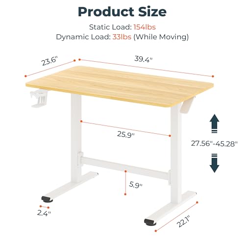 FitStand Pneumatic Standing Desk, 39.4" x 23.6" One-Piece Adjustable Height Home Office Desk, Rolling Computer Workstation with Hooks & Cup Holder,2 Rear-Mounted Hidden Casters, Maple FitStand