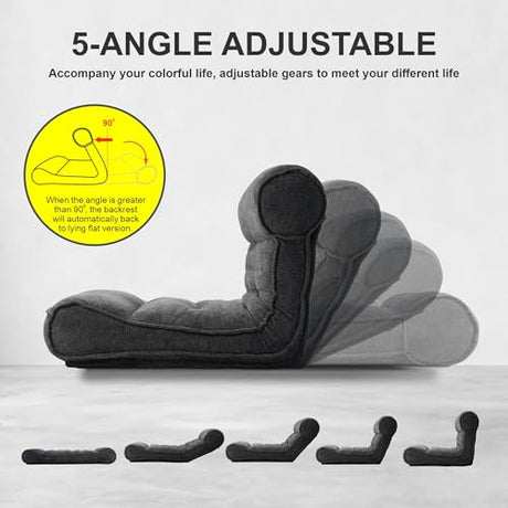 SUNPEAK Lazy Floor Bed 83" – Extra Comfy Sleeper Chaise Lounge Chair Indoor, Adjustable Recliner Floor Lounger, Plush Futon Chair Bed for Yoga, Gaming, Meditation & Reading Nook (Recliner, Black) SUNPEAK