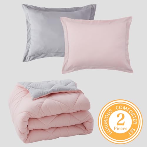 NexHome Twin Comforter Set Pink&Grey,2 Pieces Lightweight Comforters Twin Size Reversible Bedding Comforters Sets,Down Alternative Comforter Bed Set Quilt Blanket(68x88In Comforter & 1 Pillowsham) NexHome