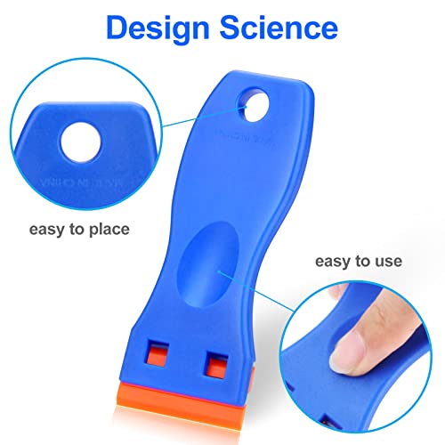 4 Pcs Plastic Razor Blade Scraper and 100 Pcs Blades, Remove Label Decal Tool， Forwithout Scratches Plastic Razor Blade Scraper, Adhesive Remover for Stickers, Gaskets and Paints on Window Car Glass kwbgjq