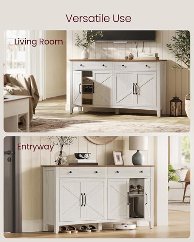VASAGLE LIRY Collection - Buffet Cabinet, Coffee Bar Cabinet with 2 Drawers, Adjustable Shelves, Sideboard Storage with Cable Holes, Drawer Dividers, Rustic White and Honey Brown UBBK381W01 VASAGLE