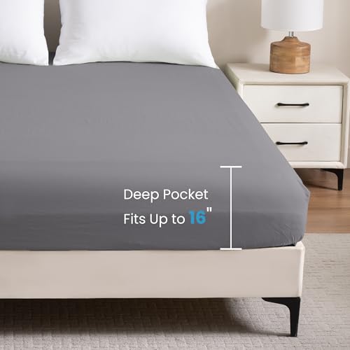 Fitted Sheet King Size - 16 inch Deep Pocket Bed Sheet - Soft Prewashed Microfiber - Breathable, Fade Resistant, Easy Care, 1 King Size Fitted Sheet Only (Dark Grey,King) Ranunculus