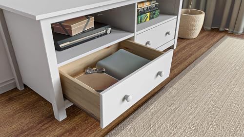 Handcrafted Solid Oak TV Stand Entertainment Center - Elegant White Media Console with Spacious Storage Drawers & Open Shelves - Sturdy Wood Cabinet Fits TVs up to 55 Inches From the Tree Furniture