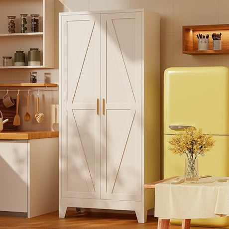 QPRVPTOW 61" H Metal Pantry Cabinet,White Storage Cabinet with Doors,Freestanding Kitchen Pantry Cabinet,Farmhouse Food Storage Cabinets,Tall and Large Pantry Cabinets for Dining Room, Living Room QPRVPTOW