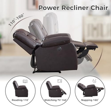 EBELLO Classic Power Recliner Chair, Faux Leather Oversized Electric Overstuffed Chair with Soft Cushion and Back, Sofa with Comfortable Armchair for Living Room, Brown EBELLO