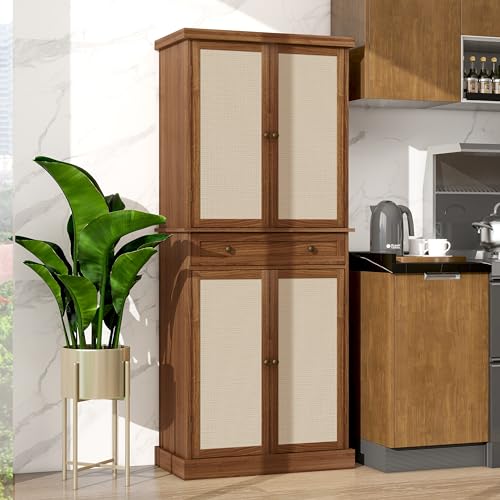 RuiSiSi Rattan Kitchen Pantry Cabinet, 72" Tall Freestanding Kitchen Pantry with Drawer, Farmhouse Freestanding Wooden Storage Cabinet with Adjustable Shelves for Dining Room, Hallway,Walnut - WoodArtSupply