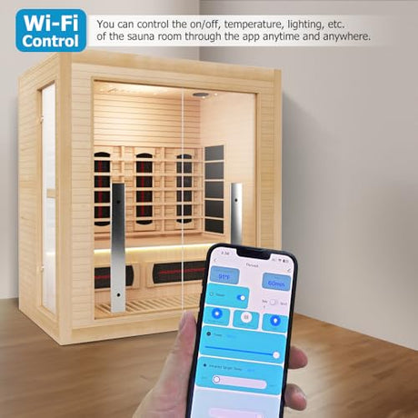 3-4 Person Hybrid Home Wood Sauna, Indoor WiFi Control Far Infrared & Traditional Canadian Hemlock Steam Saunas Spa with Red Light Therapy, 11 Heating Elements & Electric Stove, Accessories, Leftdoor Smartmak