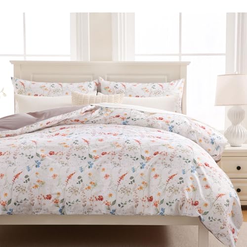 Zusbest Botanical Floral Duvet Cover Queen 100% Cotton Orange Blue Flower Patterned Bedding Beige Tan Comforter Cover with Zipper, Soft Skin-Friendly, Luxury Minimalist Wildflower Print Bed Set, 3Pcs Zusbest