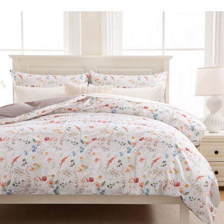 Zusbest Botanical Floral Duvet Cover Queen 100% Cotton Orange Blue Flower Patterned Bedding Beige Tan Comforter Cover with Zipper, Soft Skin-Friendly, Luxury Minimalist Wildflower Print Bed Set, 3Pcs Zusbest