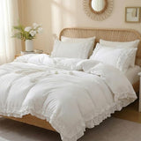 Merryword 100% Cotton Ruffled Comforter Set Queen, White Shabby Chic Farmhouse Bedding Set French Country Cute Comforter Set Merryword